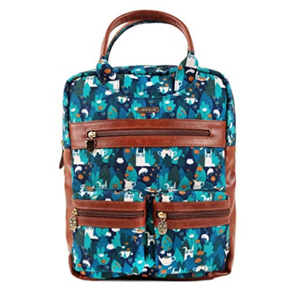 Garden Tea Party Canvas Backpack Owls & Teapot Print Top Handle Teal Chumbak